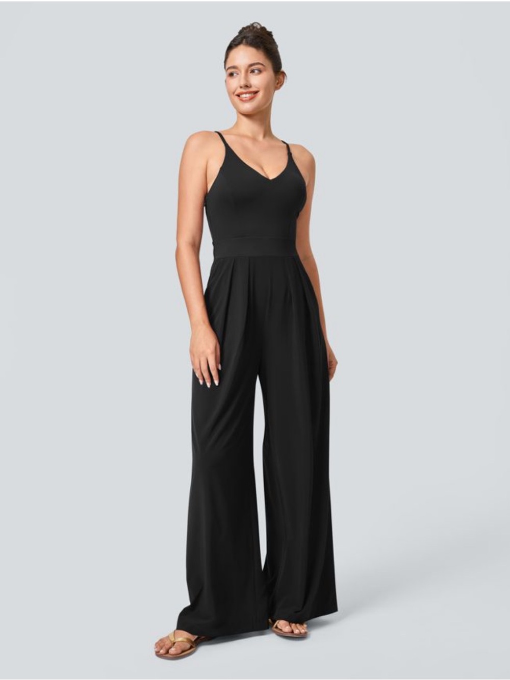 HALARA Breezeful Black V‑Neck Wide‑Leg Jumpsuit